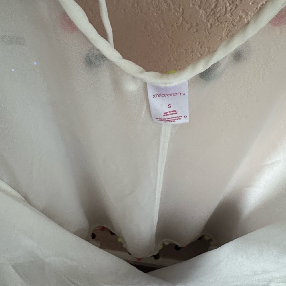 White Sheer Poncho with Colorful Pom Poms Swimwear Coverup Boho Beach Dress. - Picture 4 of 4